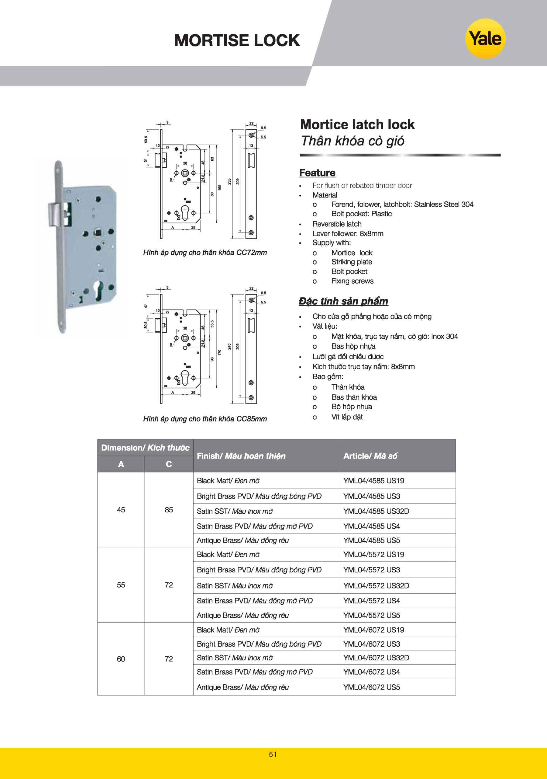 Thân Khóa Yale Thân Khóa Cò Gió Mortise Latch Lock